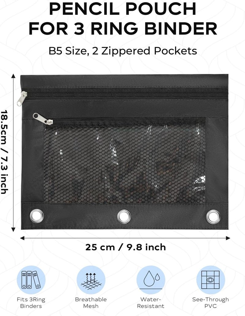 INNOIO 3 Ring Binder Pencil Pouch - School Pencil Case with 2 Zippered Pockets, Clear Mesh Window Pencil Bag, B5 Size, Back to School Gifts (Black) - Image 4